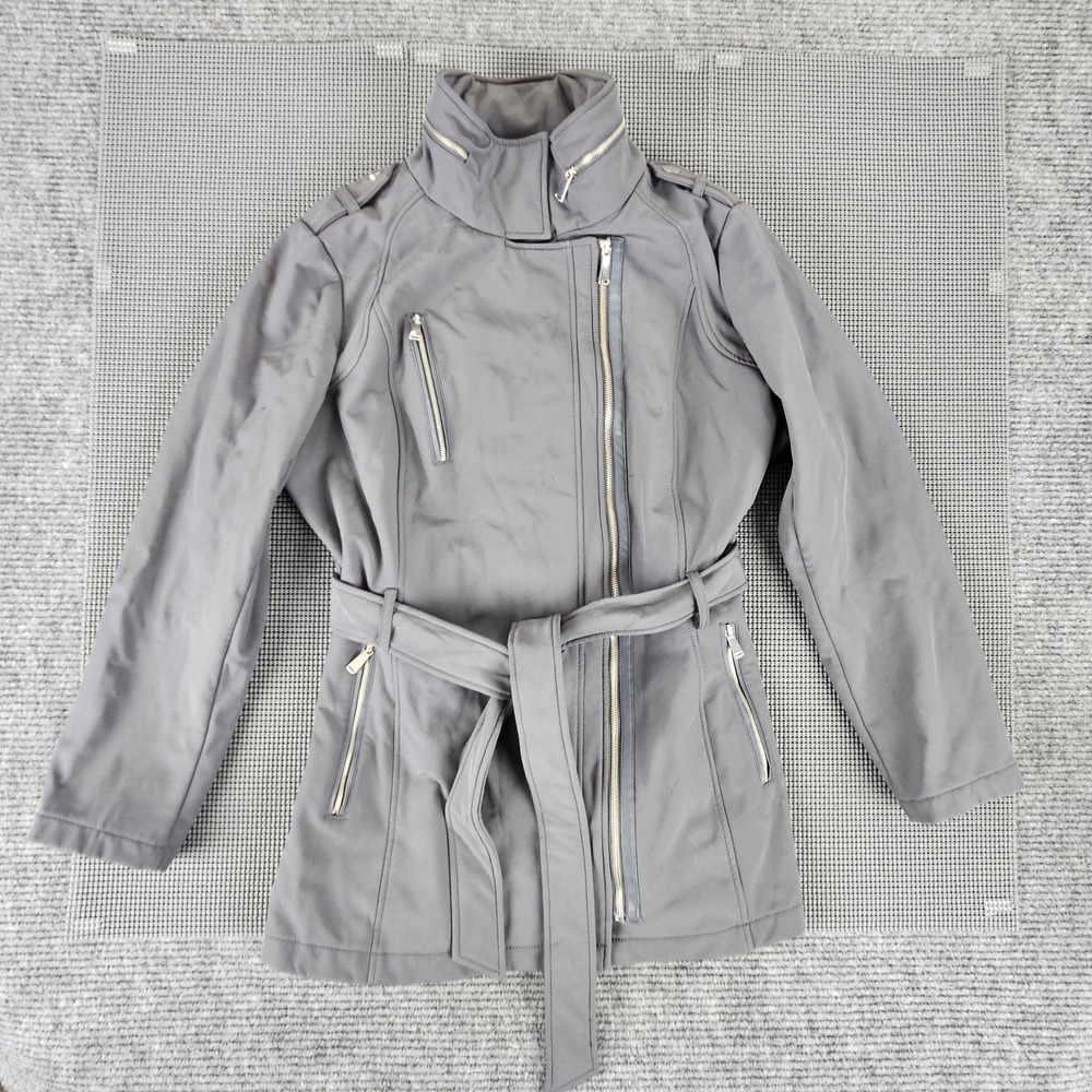 TinyMark Avanti Softshell Jacket Women XL Gray Belted Moto Trench Hidden Hood